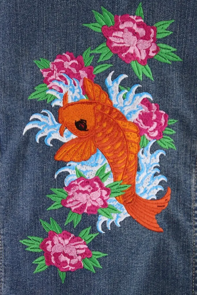 Embroidered Koi Fish Pink Floral Denim Jacket