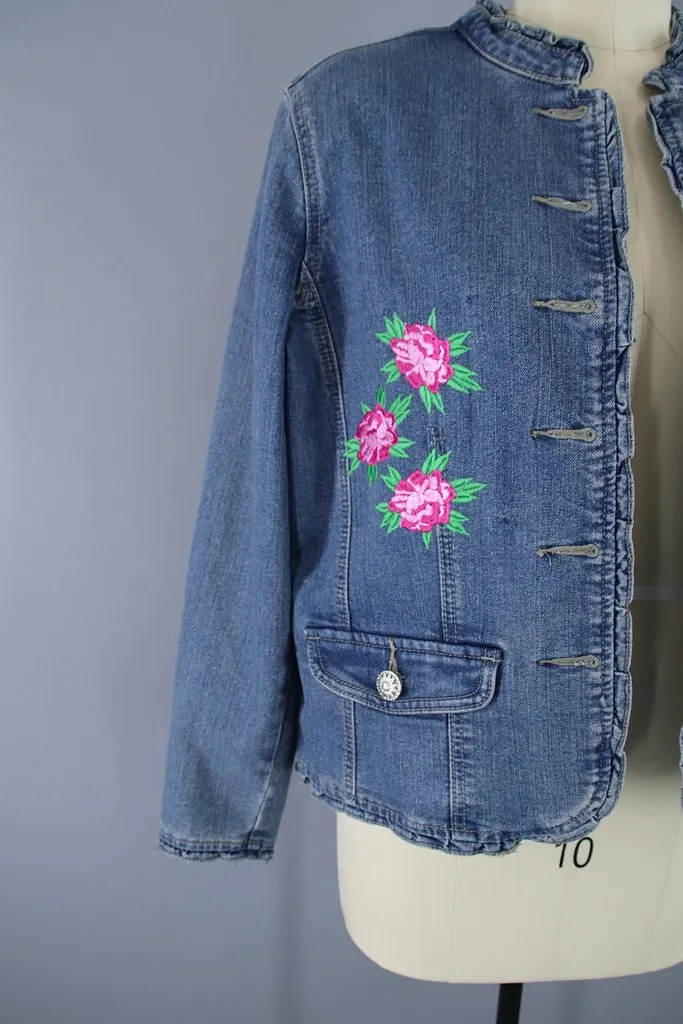 Embroidered Koi Fish Pink Floral Denim Jacket