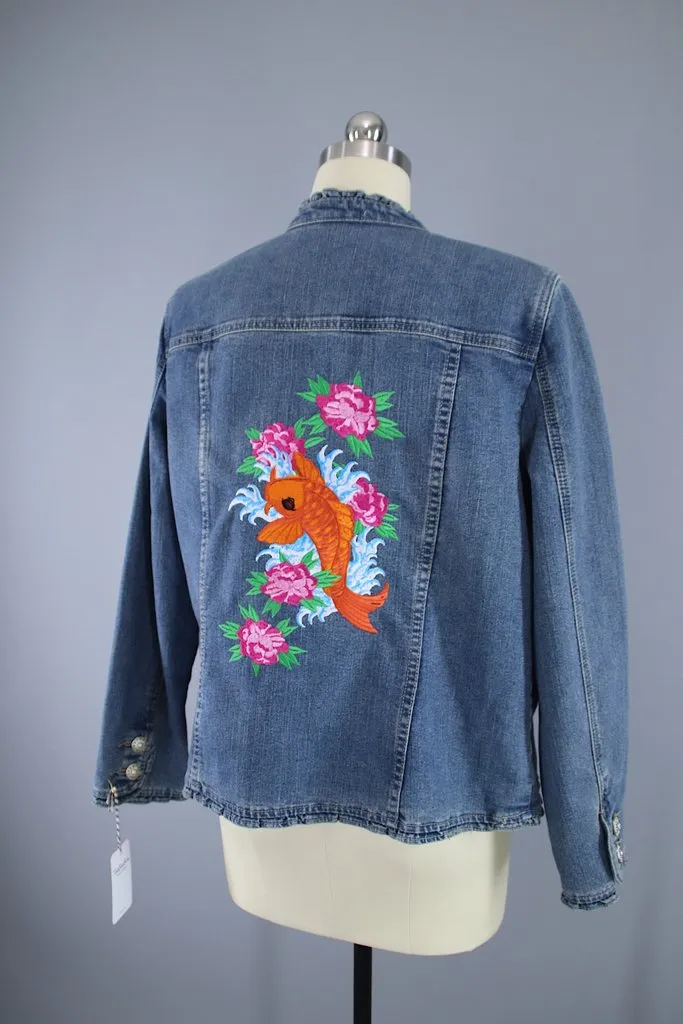 Embroidered Koi Fish Pink Floral Denim Jacket