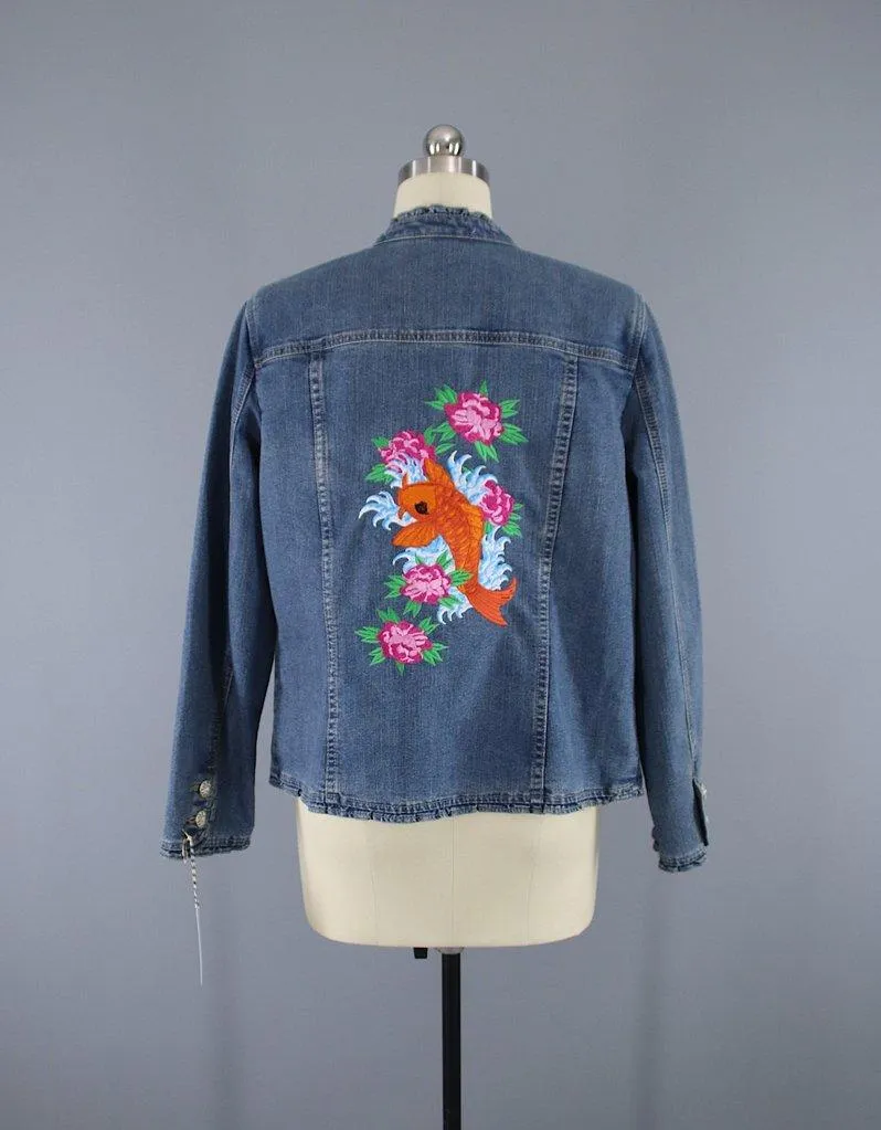 Embroidered Koi Fish Pink Floral Denim Jacket