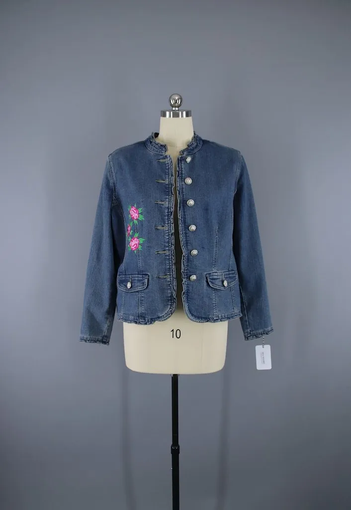 Embroidered Koi Fish Pink Floral Denim Jacket