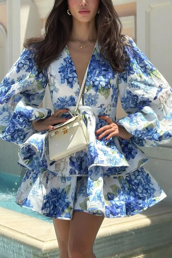 Feminine and Sexy Floral Print Deep V-neck Balloon Sleeve Tiered Mini Dress