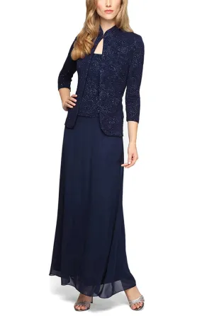 Glitter Jacquard Knit Jacket Dress with Mandarin Neckline