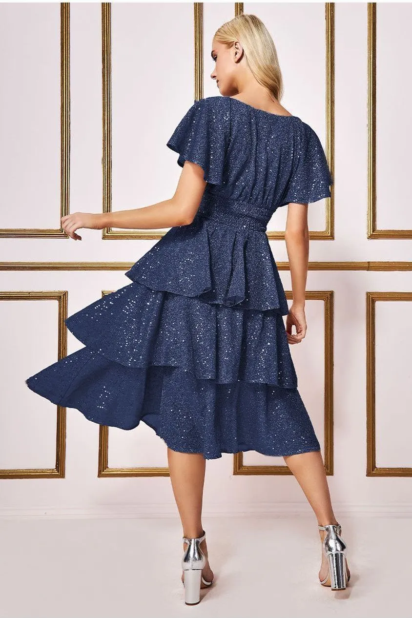 Goddiva Sequin Lurex Tiered Midi Dress - Navy