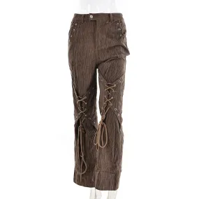 Jazzher skater boy outfits Kelio New Corduroy Loose High Waist Trousers Women's Niche Lace-up Straight Pants