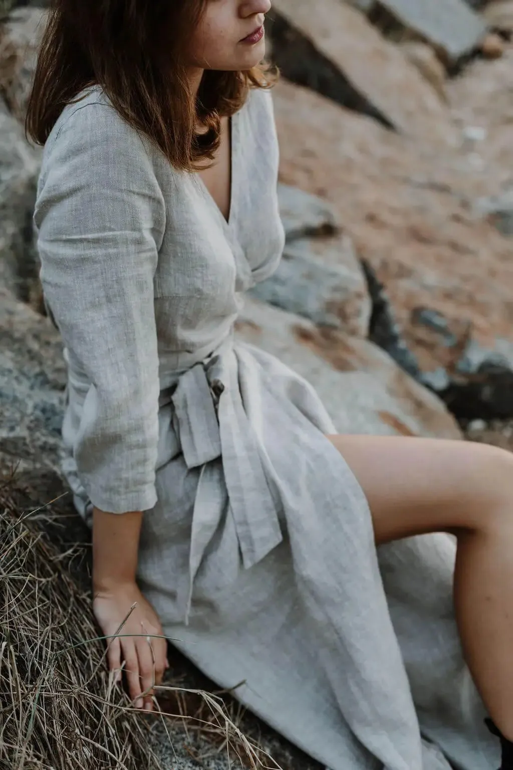 Long Wrap Linen Dress in Beige Melange