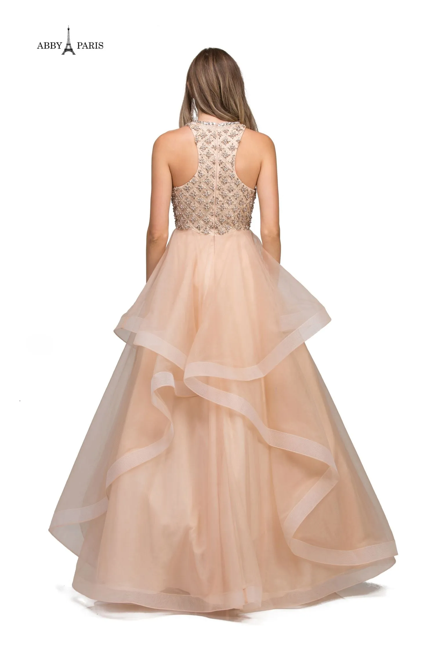 Lucci Lu 95148 Beige High Neck Beaded Bodice Layered Tulle Ballgown