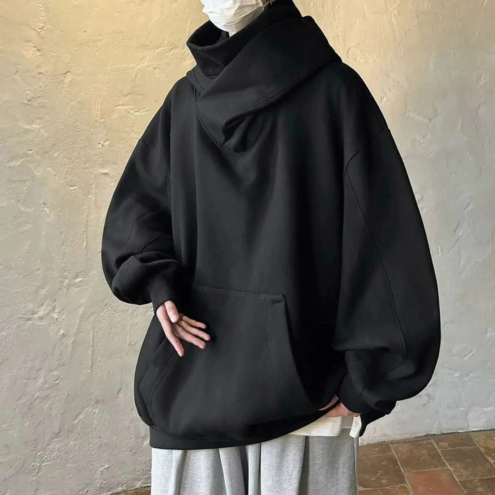 Man Vinatge Turtleneck Hooded Sweatshirt Gothic Punk Hip Hop Street Long Sleeve Pockets Pullovers Tops Autumn Winter Warm Clothe