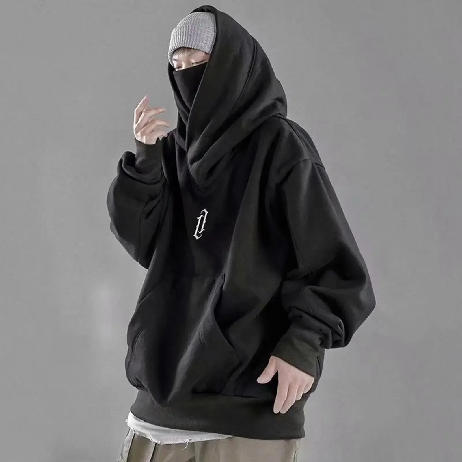 Man Vinatge Turtleneck Hooded Sweatshirt Gothic Punk Hip Hop Street Long Sleeve Pockets Pullovers Tops Autumn Winter Warm Clothe
