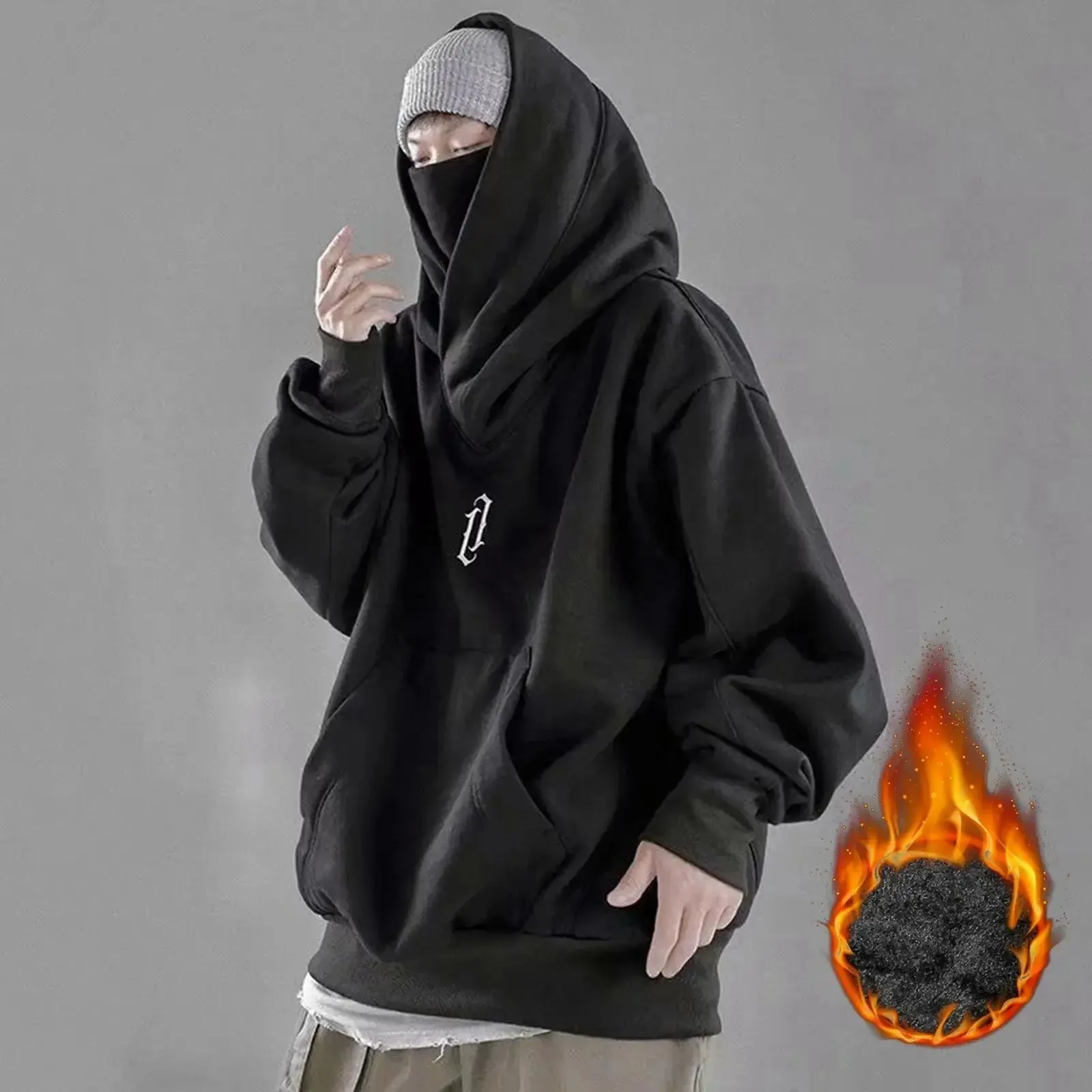 Man Vinatge Turtleneck Hooded Sweatshirt Gothic Punk Hip Hop Street Long Sleeve Pockets Pullovers Tops Autumn Winter Warm Clothe