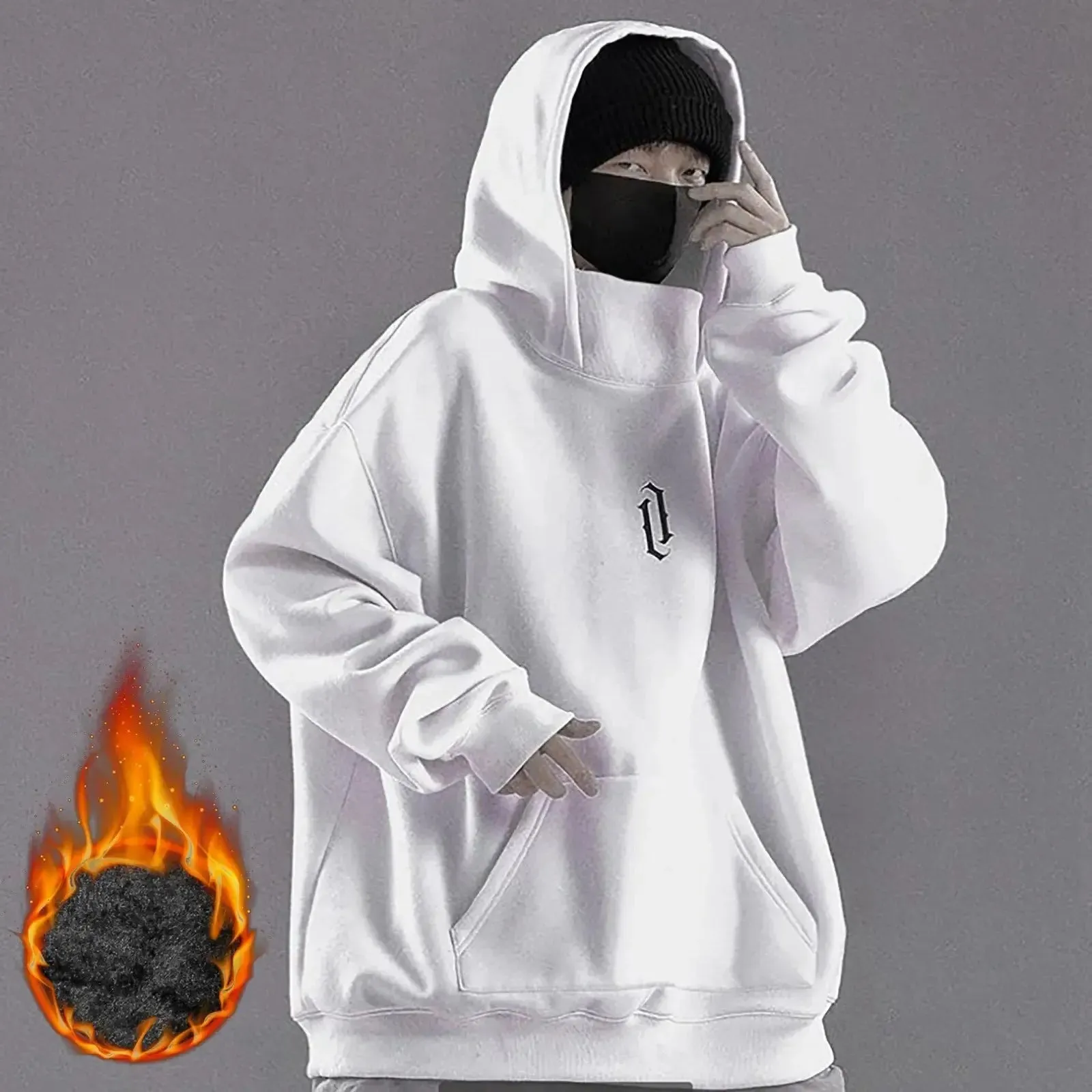 Man Vinatge Turtleneck Hooded Sweatshirt Gothic Punk Hip Hop Street Long Sleeve Pockets Pullovers Tops Autumn Winter Warm Clothe