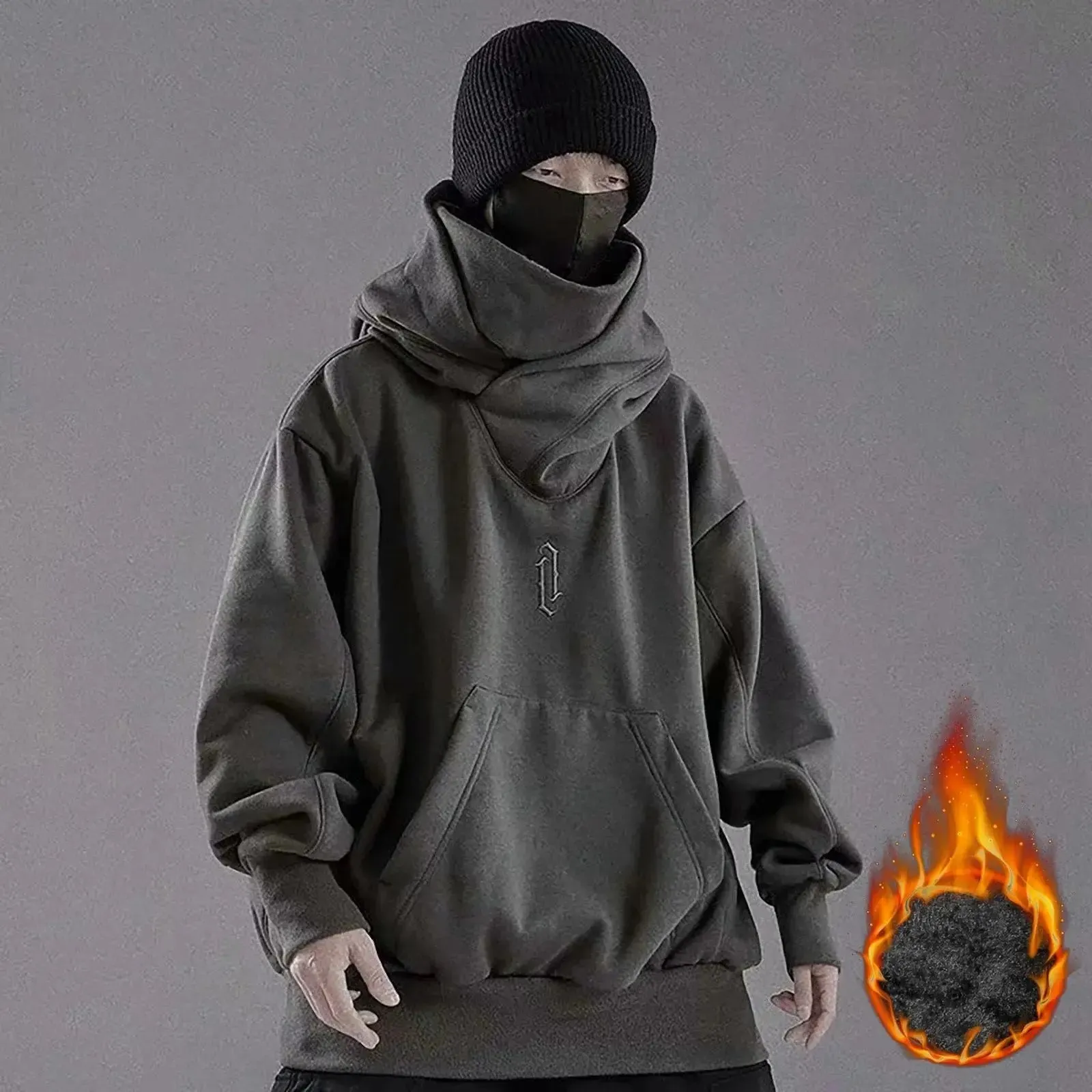 Man Vinatge Turtleneck Hooded Sweatshirt Gothic Punk Hip Hop Street Long Sleeve Pockets Pullovers Tops Autumn Winter Warm Clothe