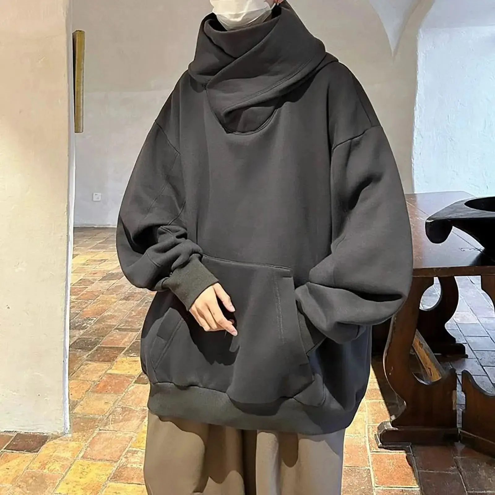 Man Vinatge Turtleneck Hooded Sweatshirt Gothic Punk Hip Hop Street Long Sleeve Pockets Pullovers Tops Autumn Winter Warm Clothe
