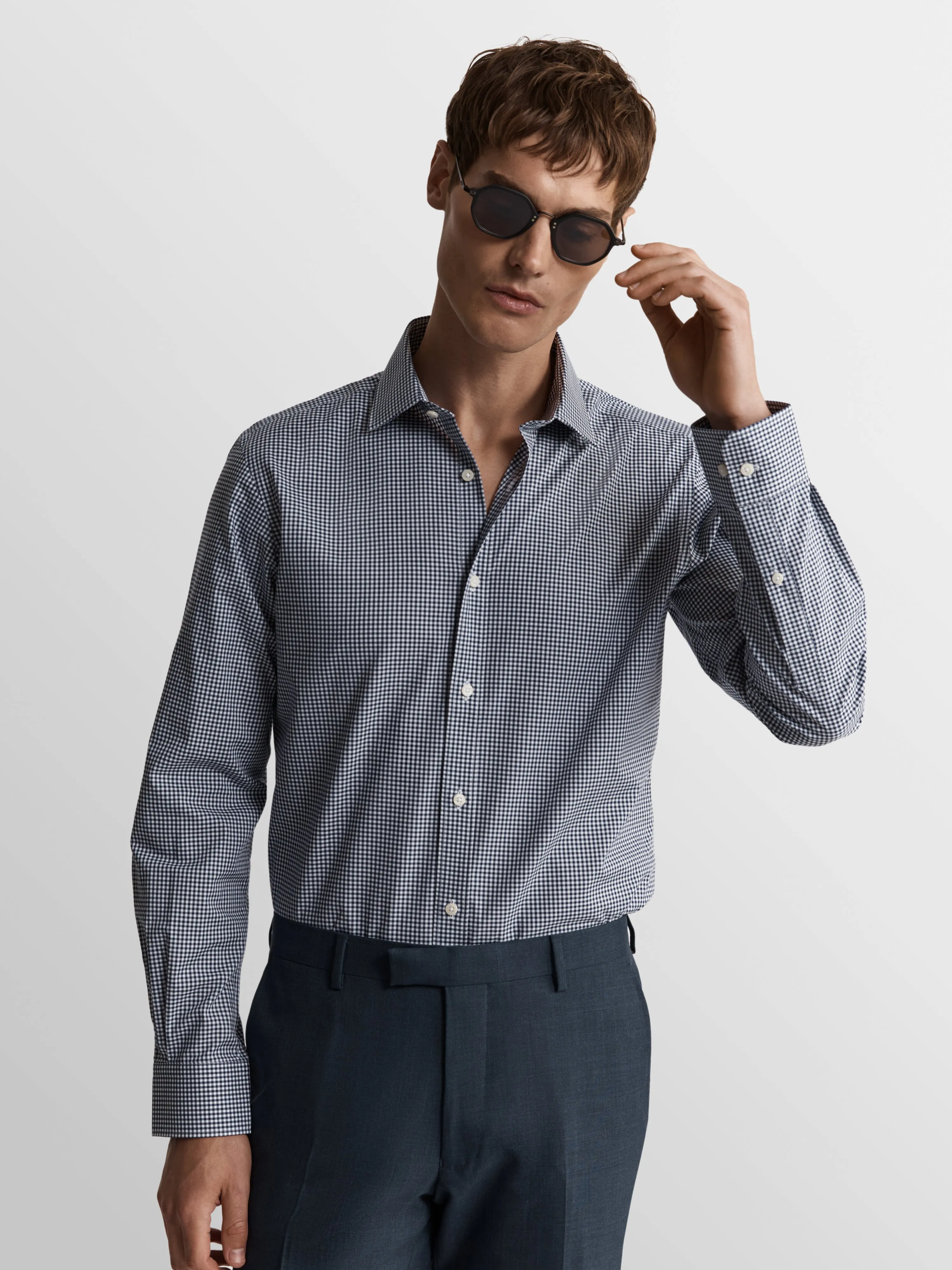 Max Performance Navy Blue Small Gingham Plain Weave Fitted Single Cuff Classic Collar Shirt