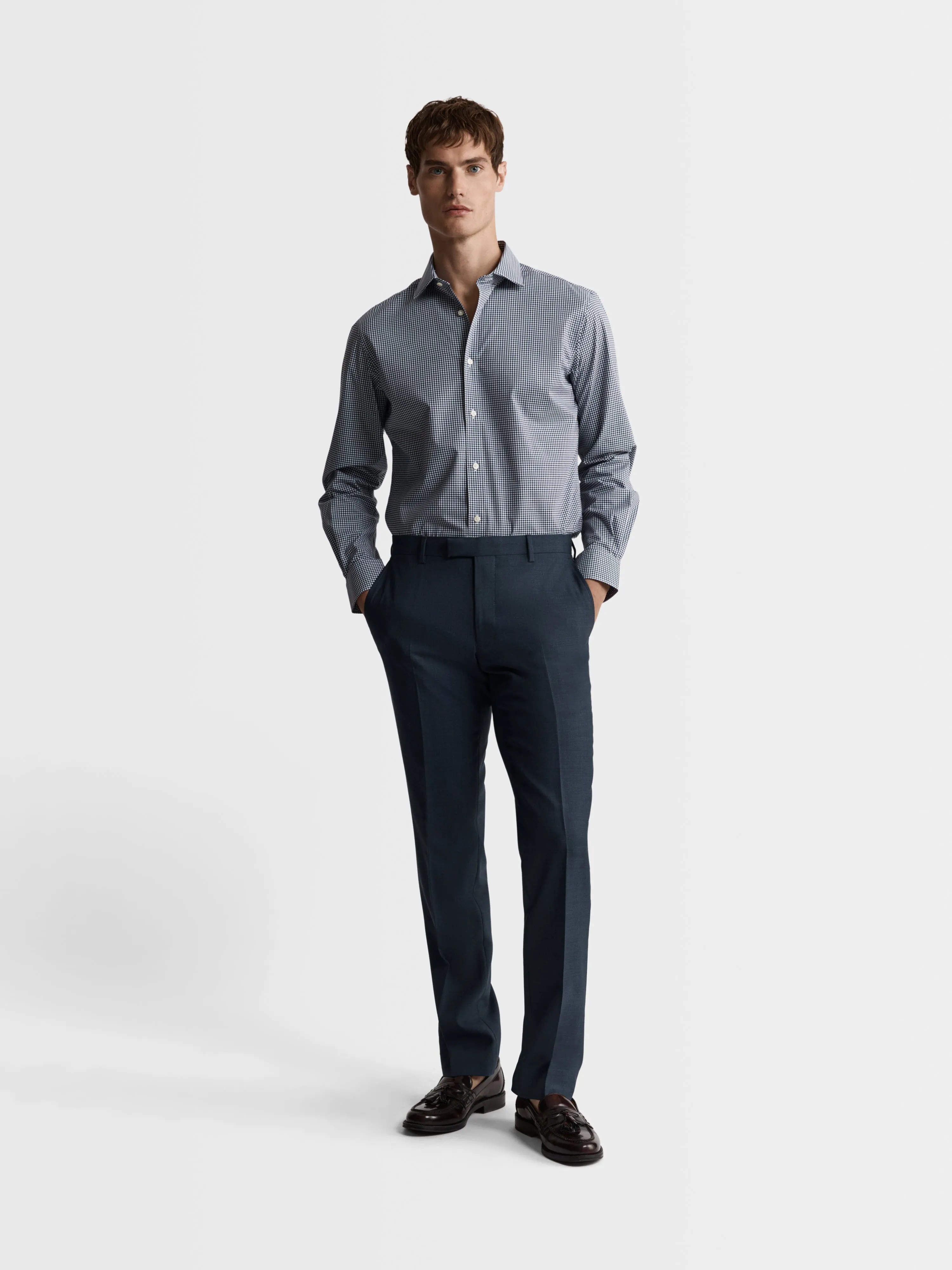 Max Performance Navy Blue Small Gingham Plain Weave Fitted Single Cuff Classic Collar Shirt