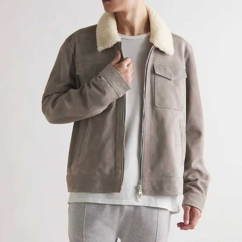 Mens Genuine Best Shearling-Trimmed Suede Trucker Gray Leather Jacket