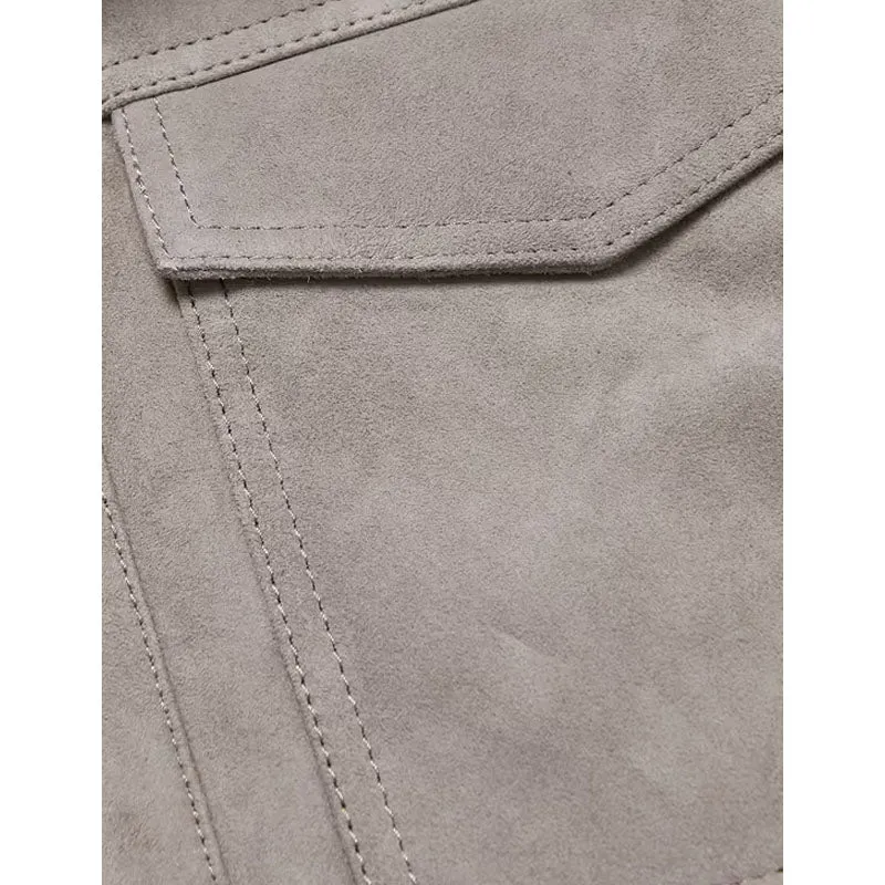 Mens Genuine Best Shearling-Trimmed Suede Trucker Gray Leather Jacket
