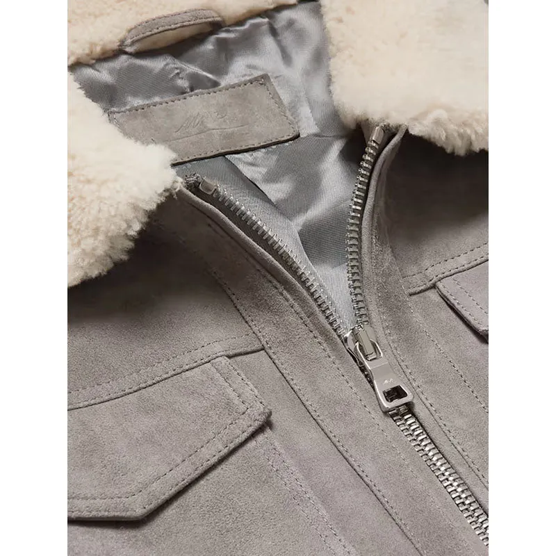 Mens Genuine Best Shearling-Trimmed Suede Trucker Gray Leather Jacket