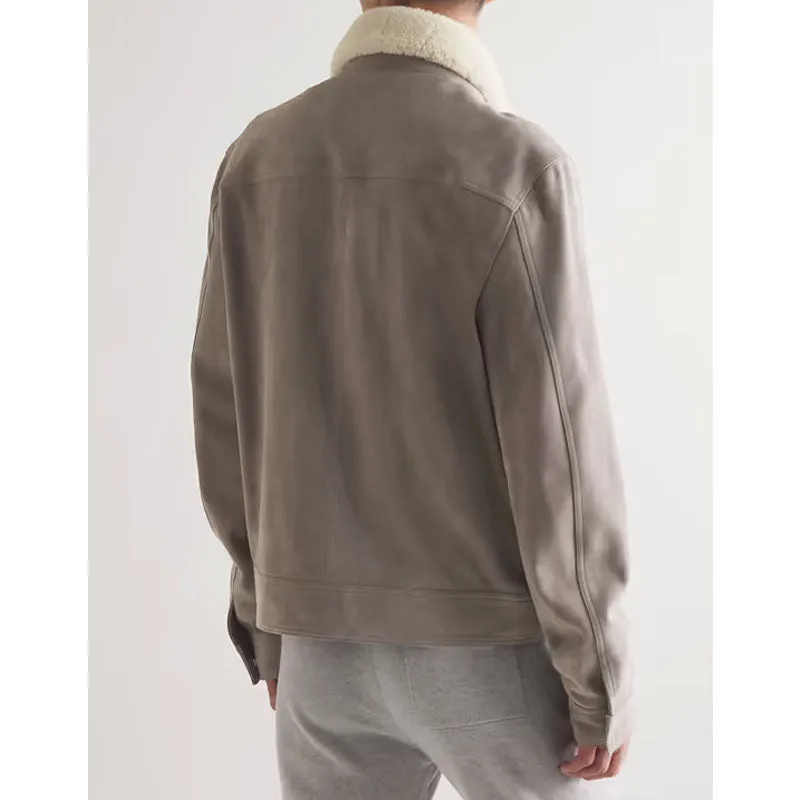 Mens Genuine Best Shearling-Trimmed Suede Trucker Gray Leather Jacket