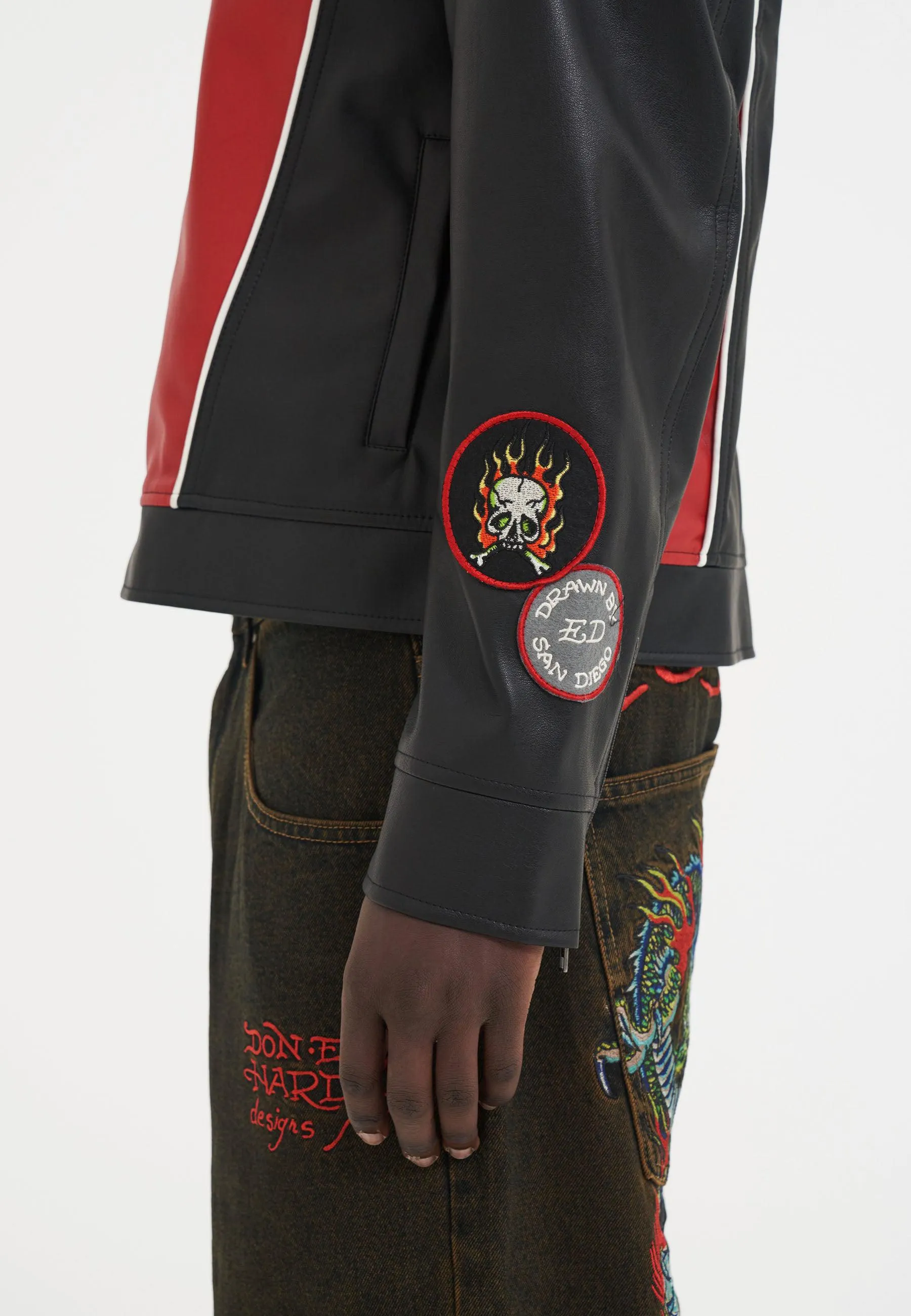 Mens Holly Panther Vegan Leather Motocross Jacket - Black/Red