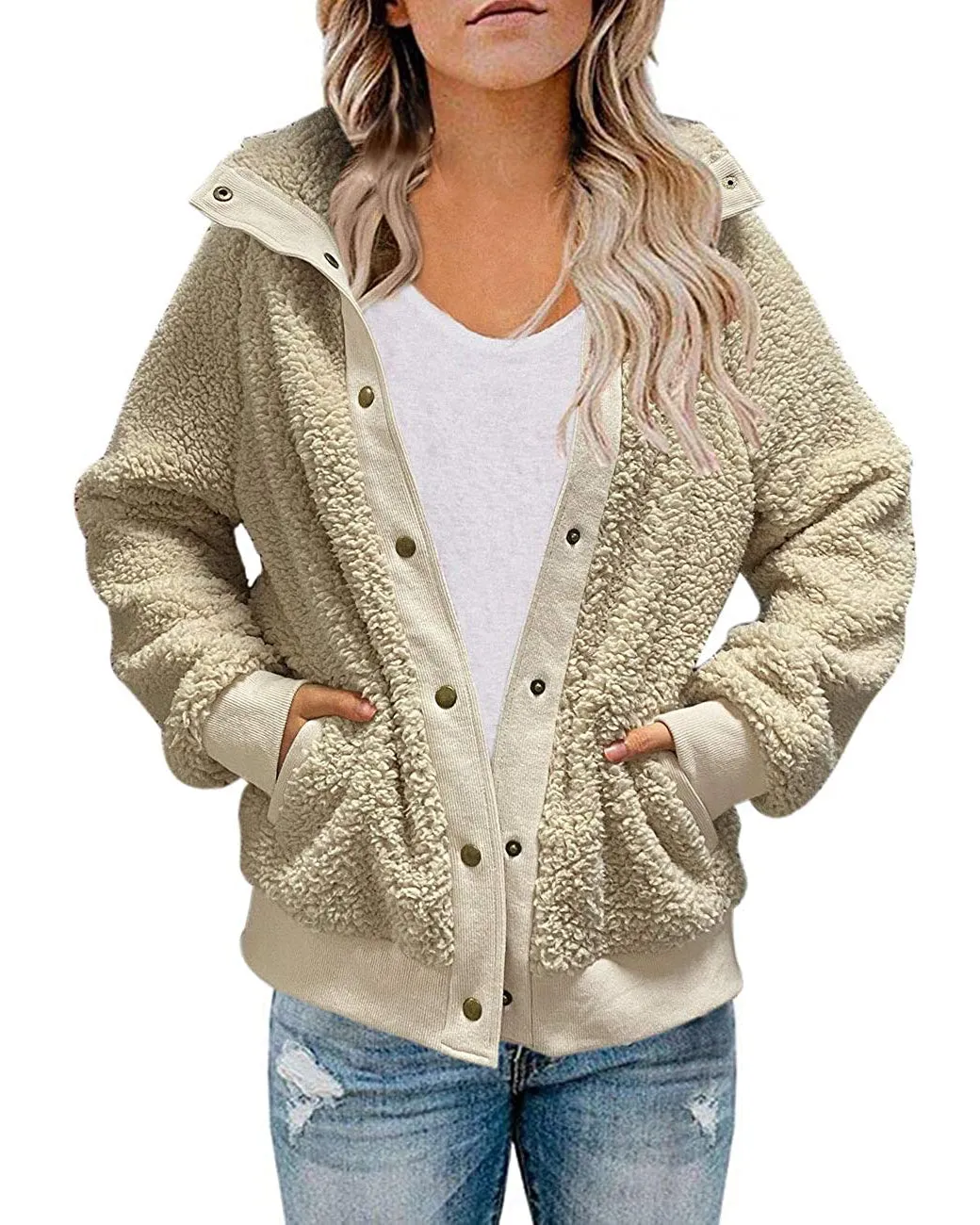 MEROKEETY Button Sherpa Fleece Pockets Jacket Coat