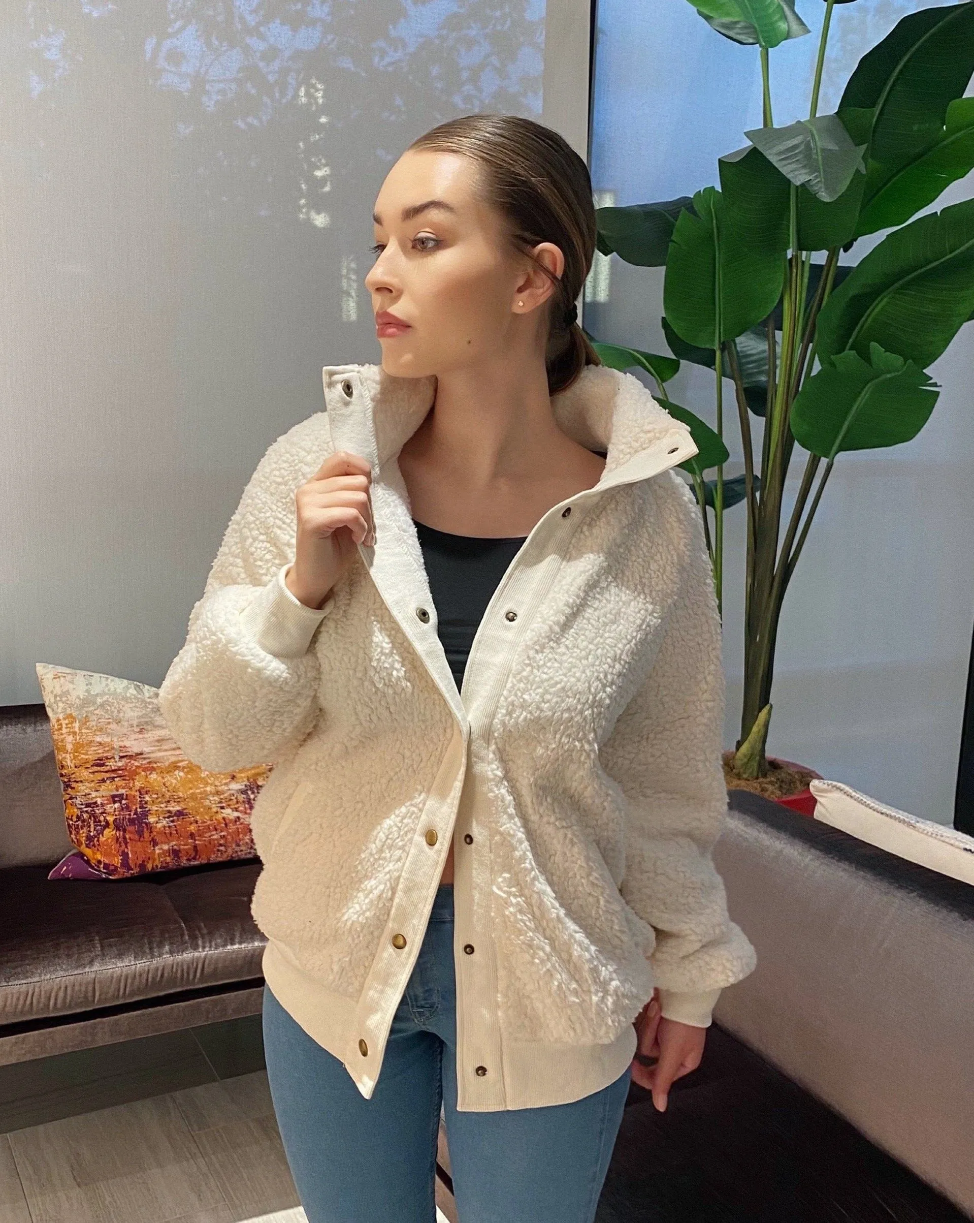MEROKEETY Button Sherpa Fleece Pockets Jacket Coat