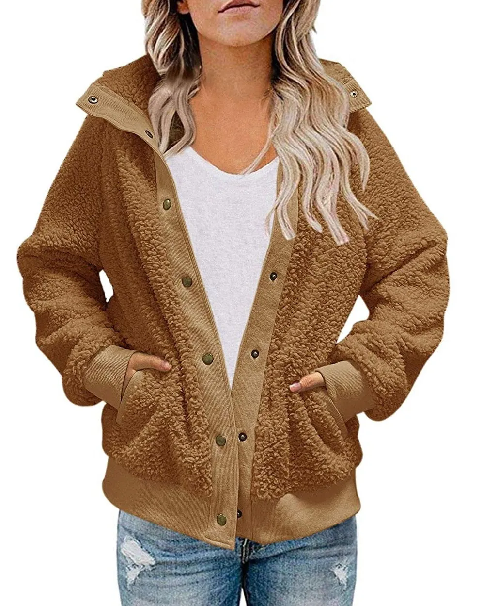 MEROKEETY Button Sherpa Fleece Pockets Jacket Coat