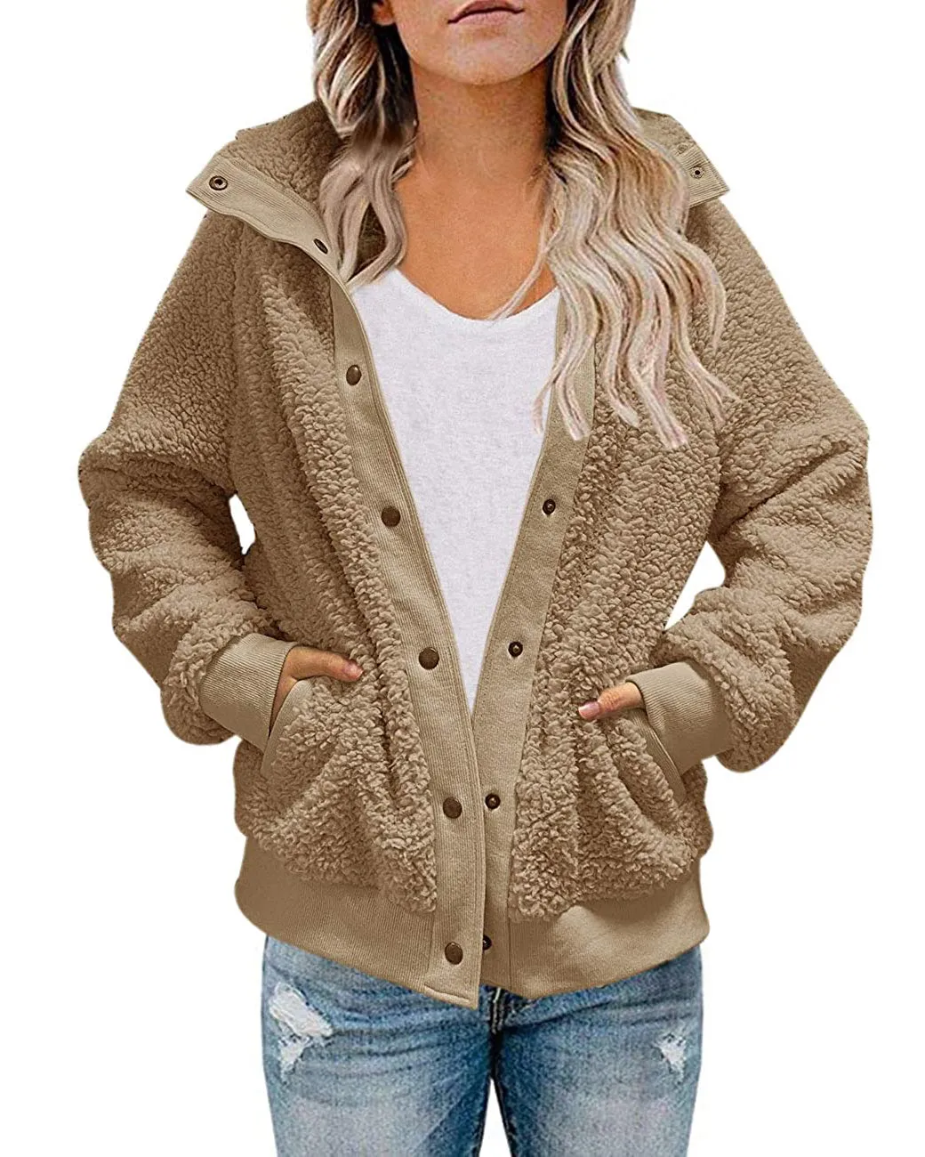 MEROKEETY Button Sherpa Fleece Pockets Jacket Coat