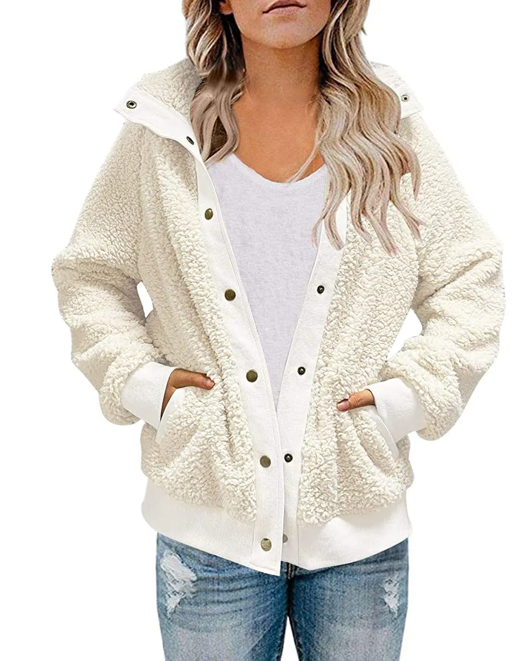 MEROKEETY Button Sherpa Fleece Pockets Jacket Coat