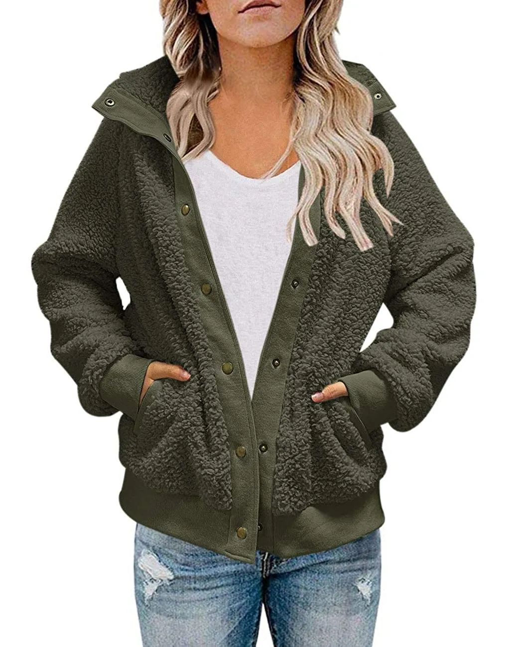 MEROKEETY Button Sherpa Fleece Pockets Jacket Coat