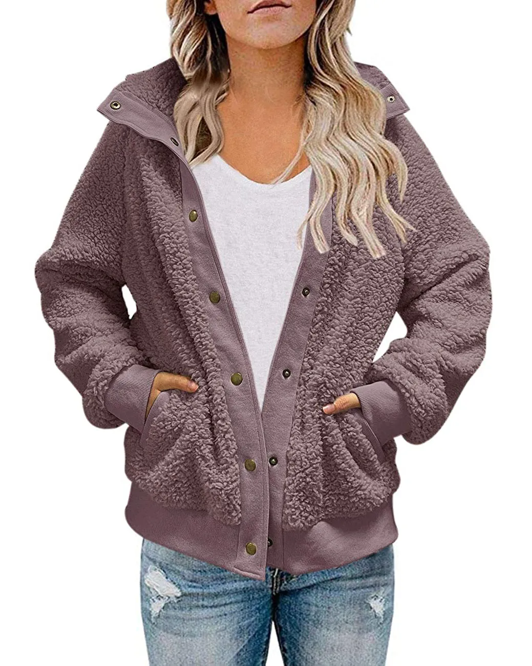 MEROKEETY Button Sherpa Fleece Pockets Jacket Coat