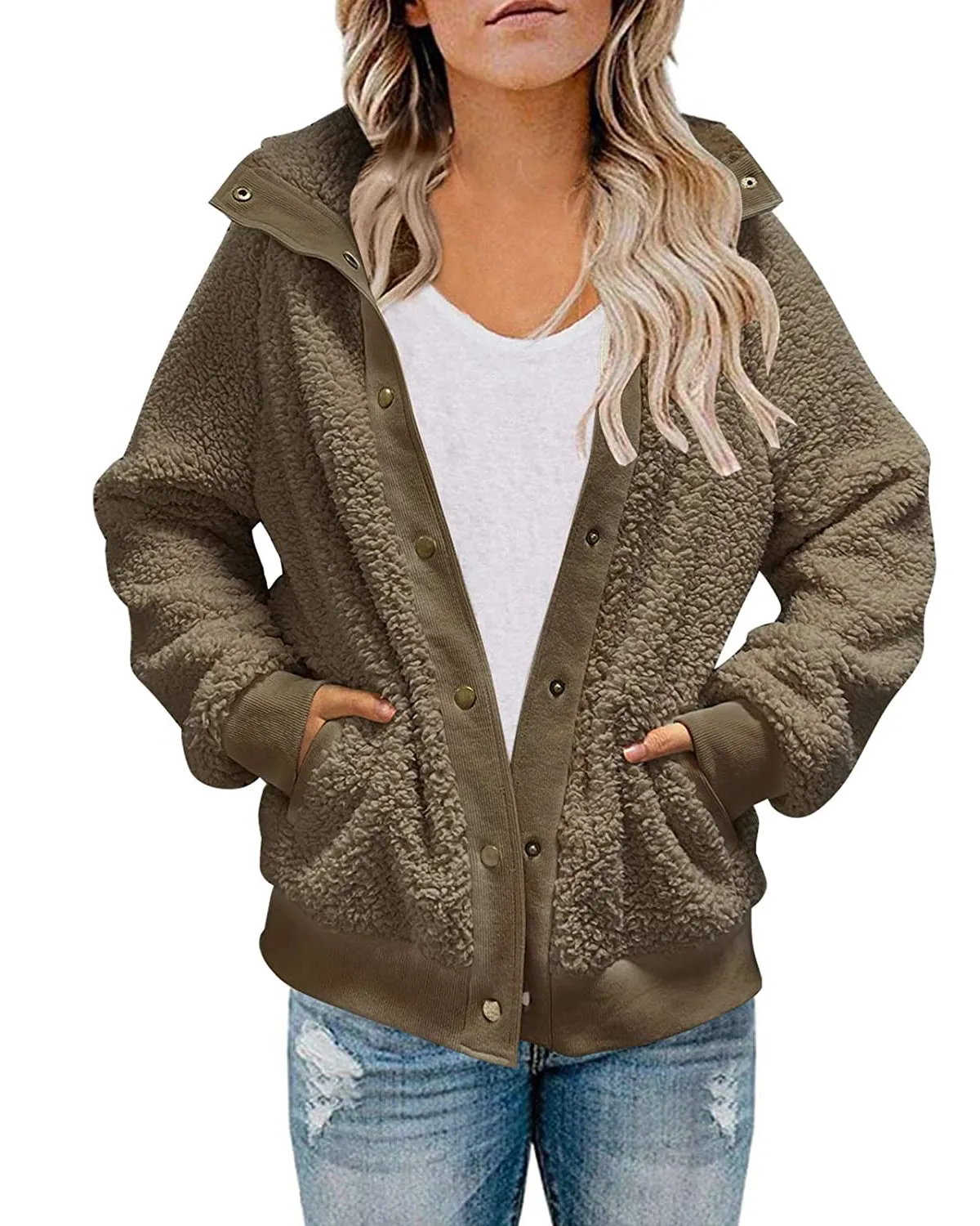 MEROKEETY Button Sherpa Fleece Pockets Jacket Coat