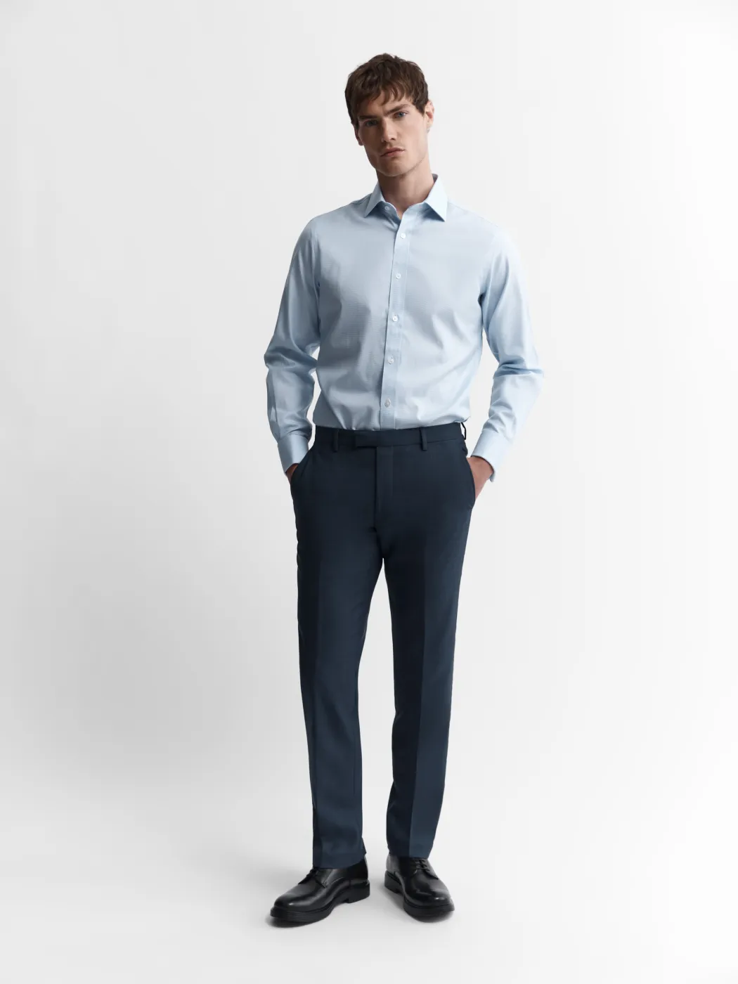 Non-Iron Light Blue Mini Dogtooth Plain Weave Regular Fit Dual Cuff Semi Cutaway Collar Shirt