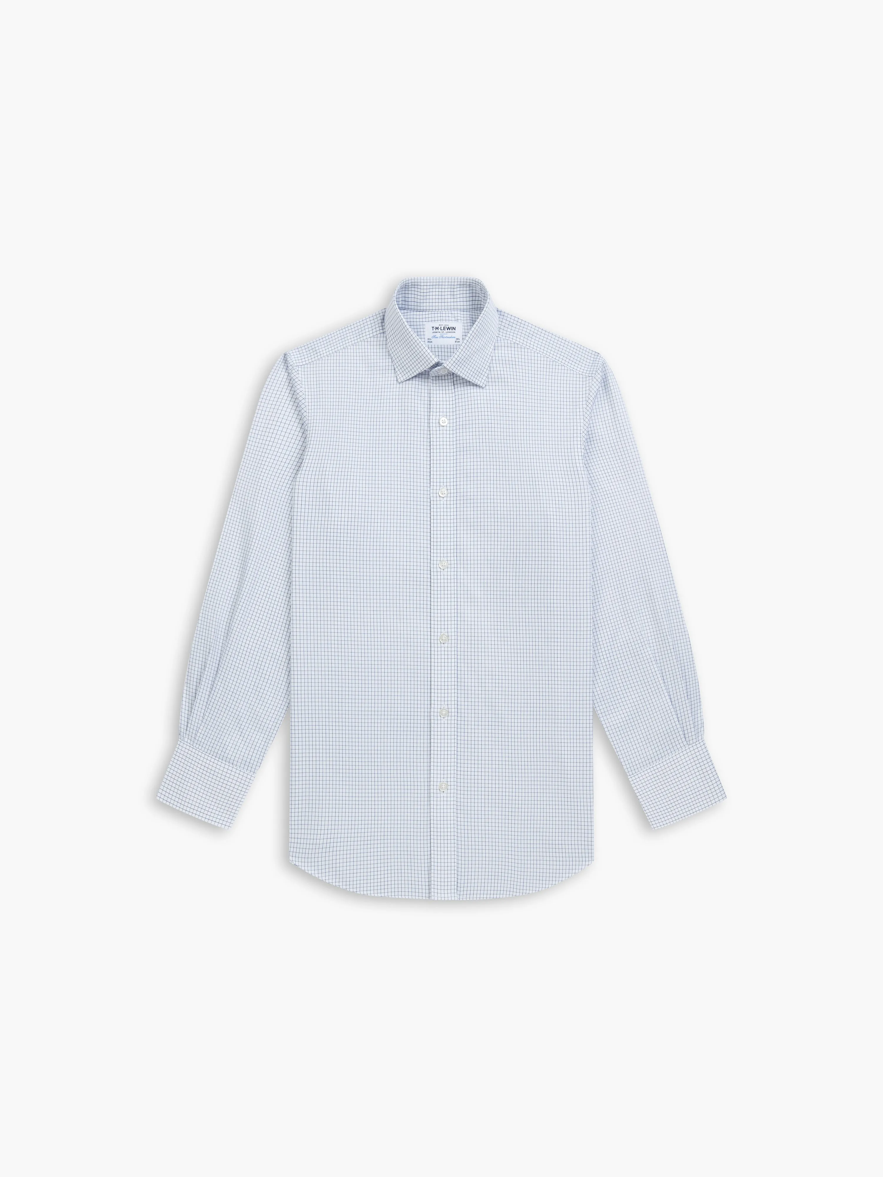 Non-Iron Navy Blue Grid Check Twill Slim Fit Single Cuff Classic Collar Shirt