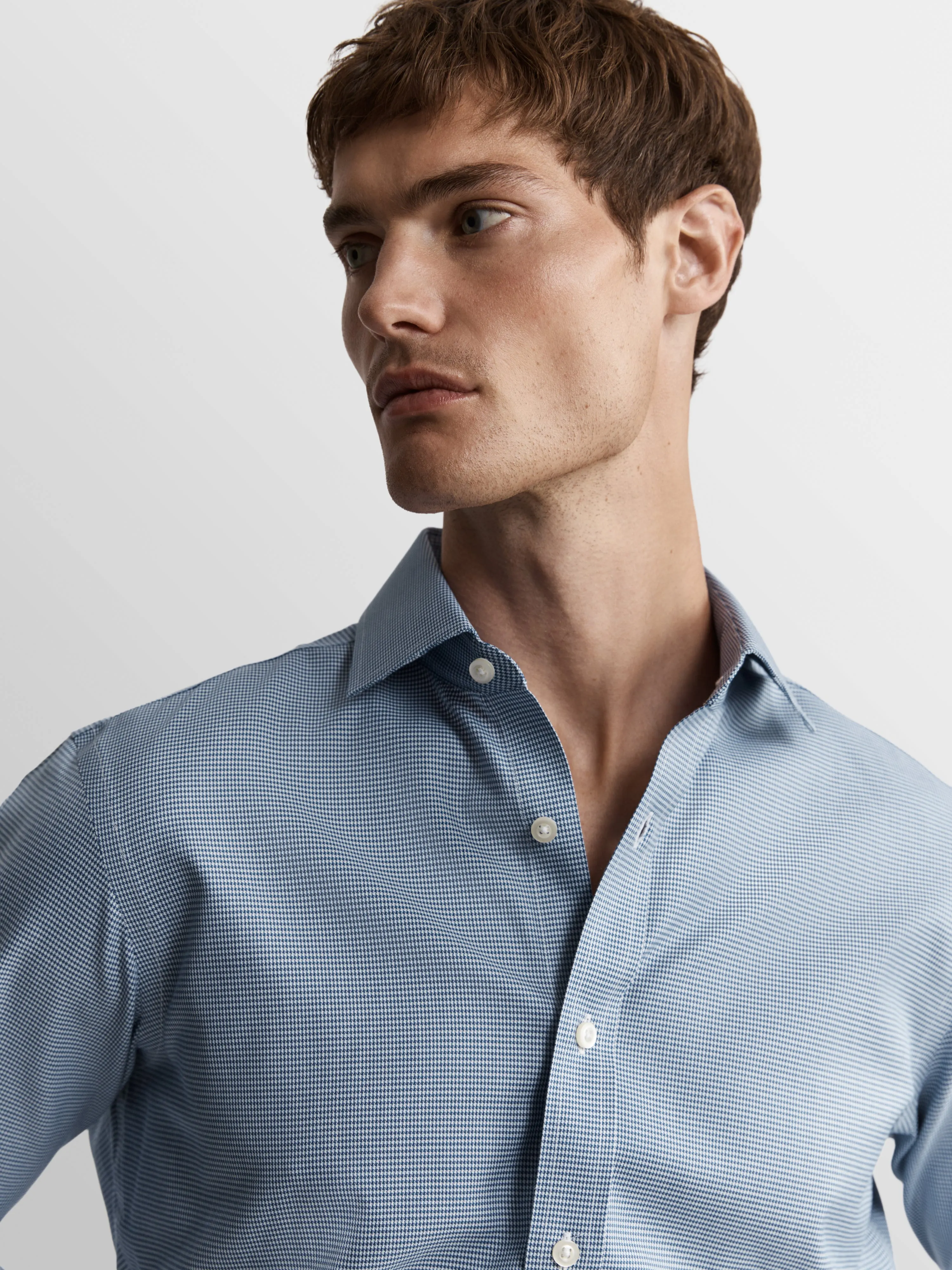 Non-Iron Navy Blue Mini Dogtooth Plain Weave Super Fitted Single Cuff Classic Collar Shirt