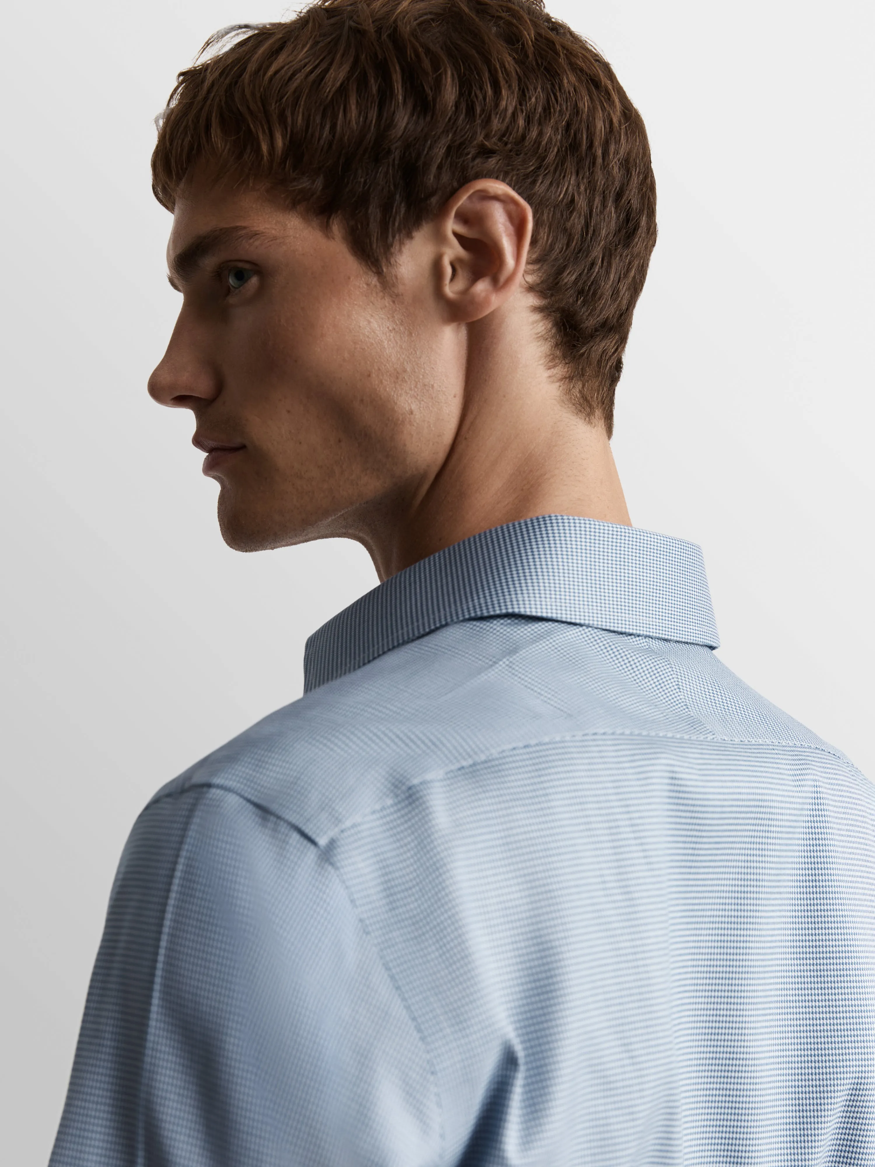 Non-Iron Navy Blue Mini Dogtooth Plain Weave Super Fitted Single Cuff Classic Collar Shirt