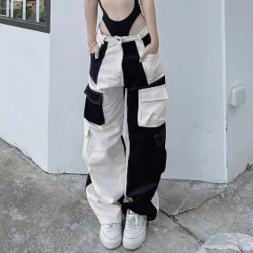 Nukty-shop y2k outfits American Sports Street Contrast Color High Waist Corduroy Trousers 2024 Spring and Summer New Multi-Pocket Straight Wide Leg Workwear