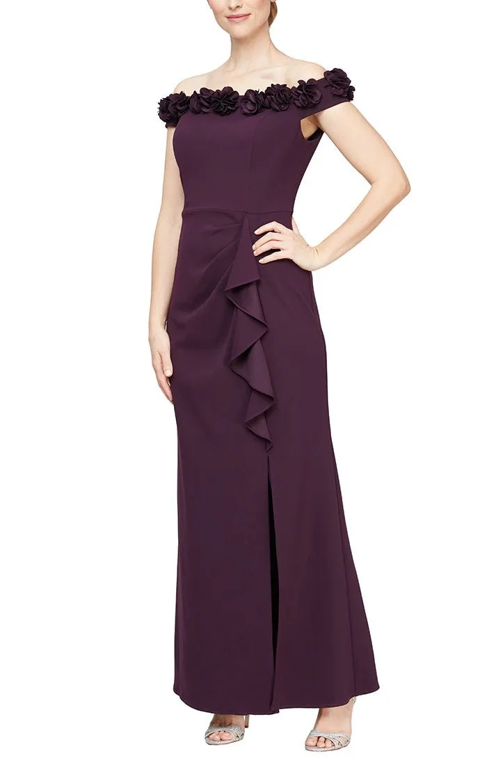 *Off-the-Shoulder Crepe Gown with 3D Floral Neckline
