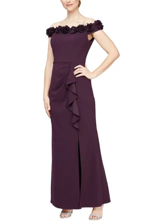 *Off-the-Shoulder Crepe Gown with 3D Floral Neckline