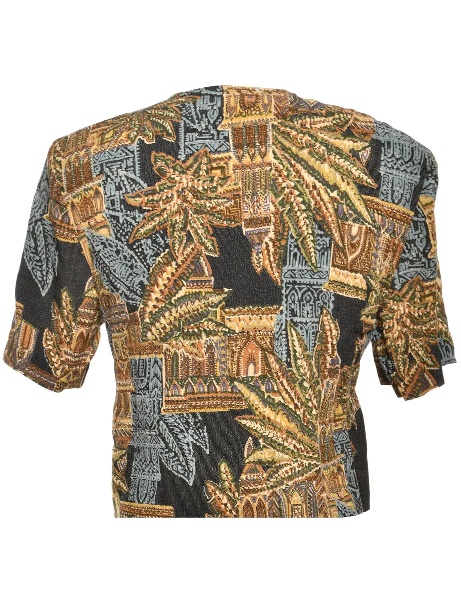 Palm Print Brown & Green Cropped Jacket - M