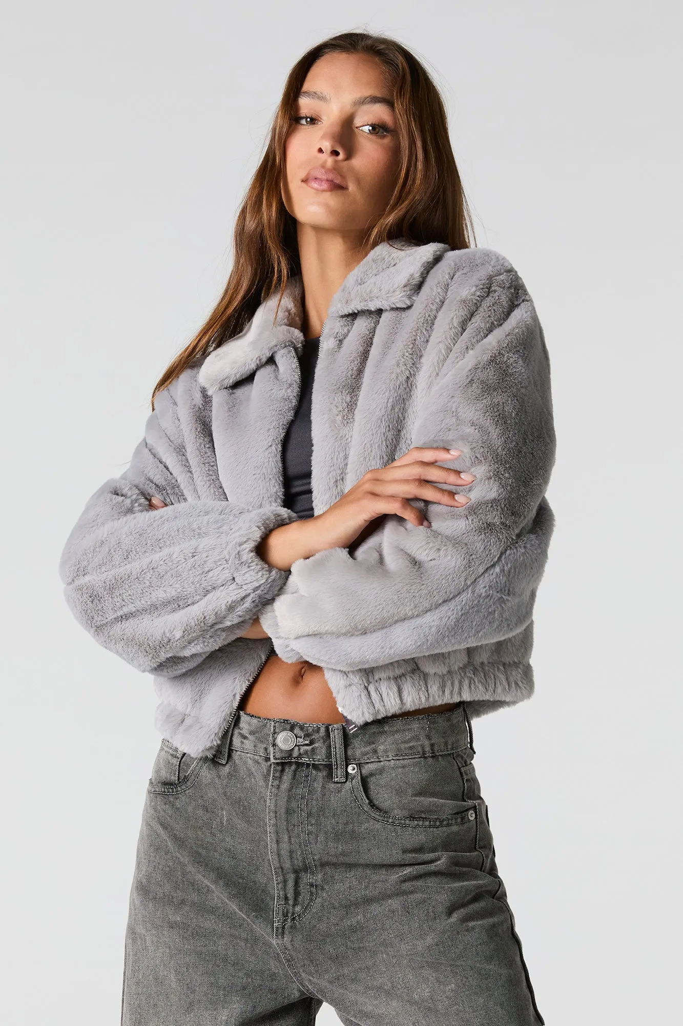 Plush Collared Bomber Jacket