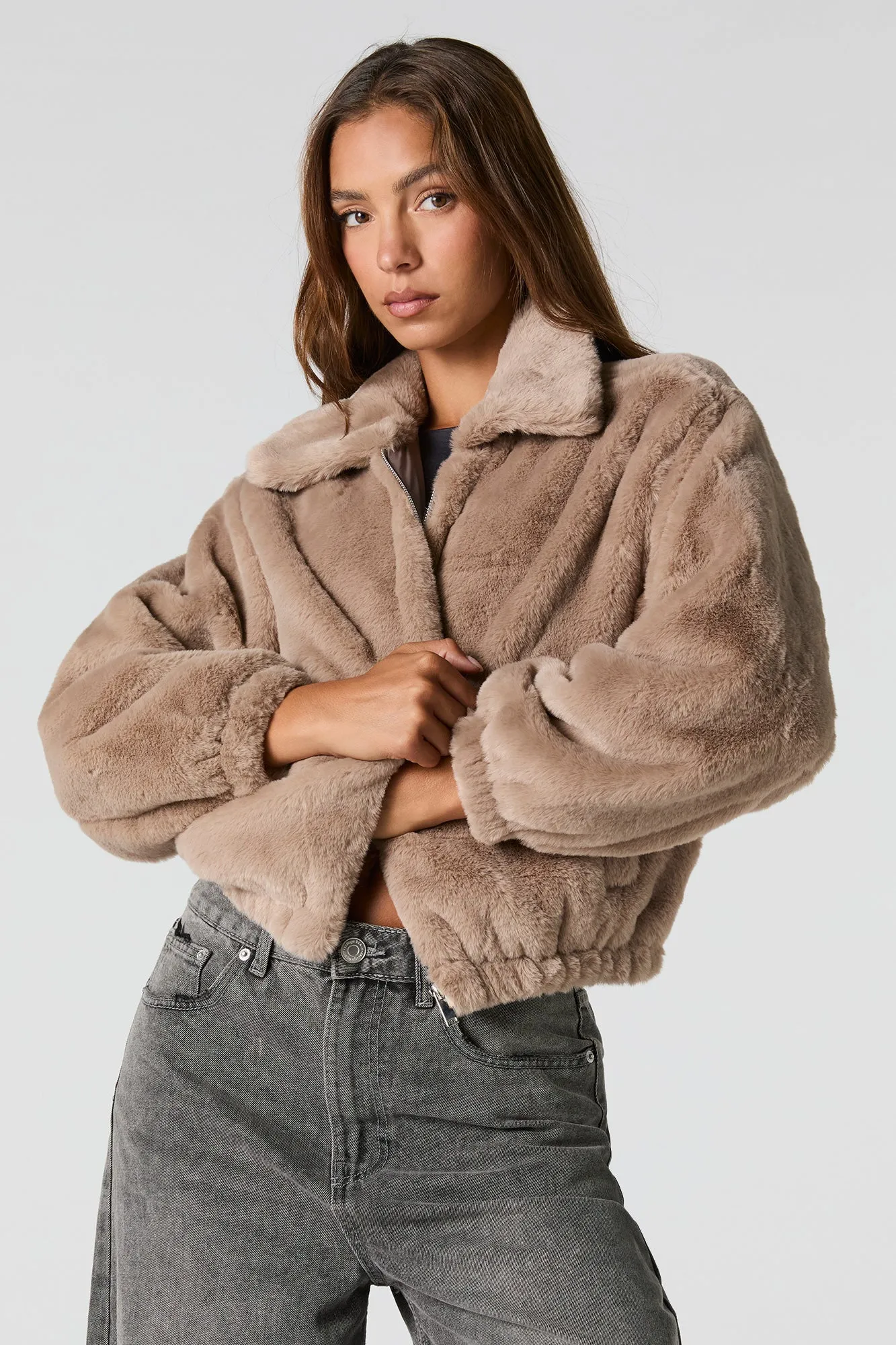 Plush Collared Bomber Jacket