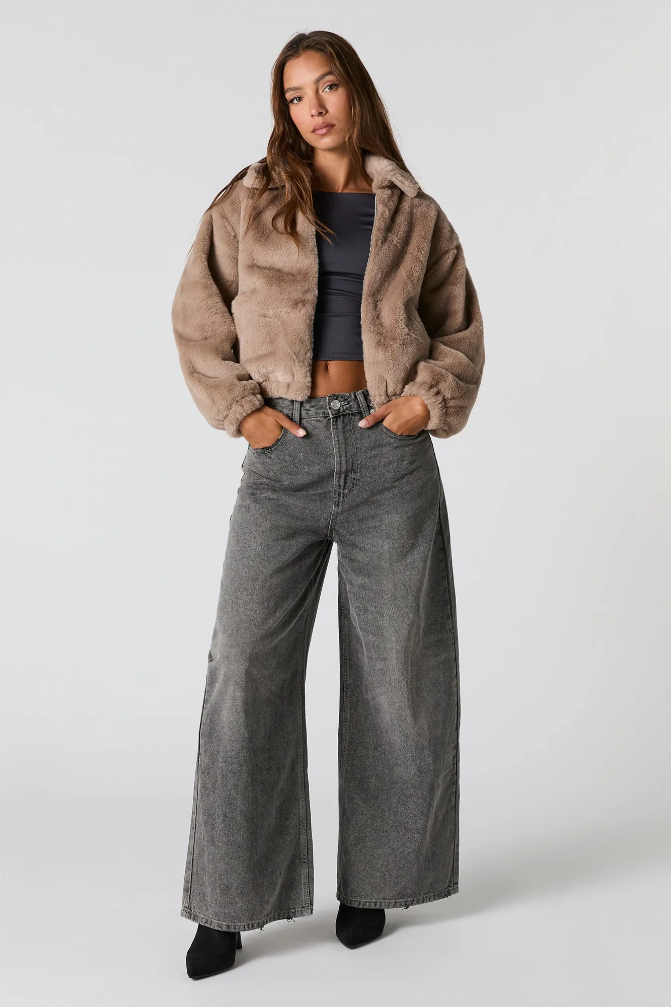 Plush Collared Bomber Jacket