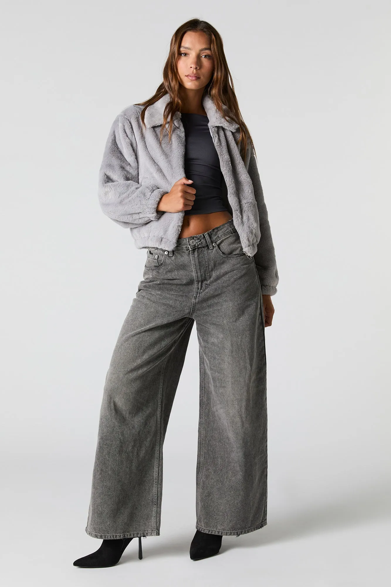 Plush Collared Bomber Jacket