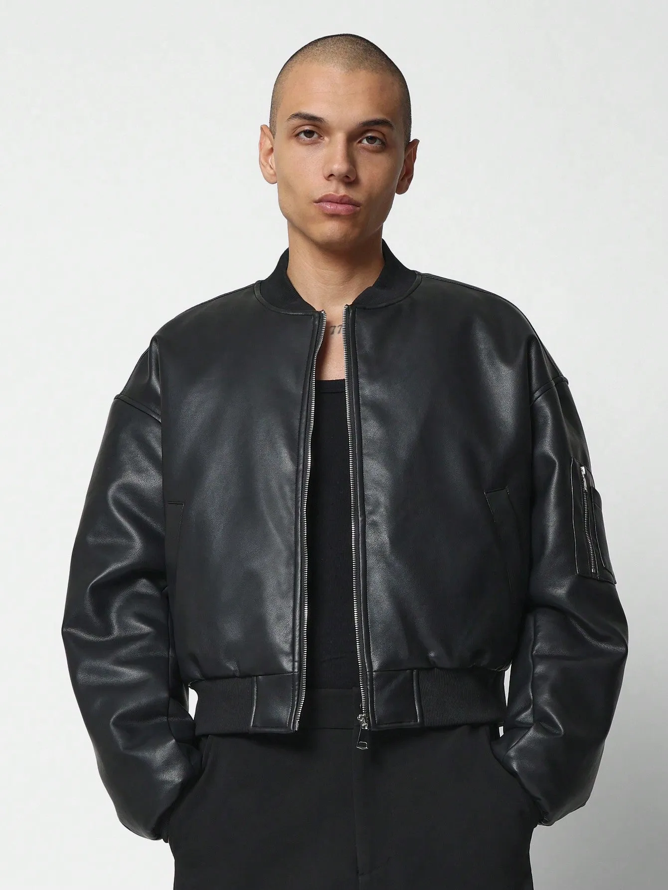 Regular Fit PU Cropped Bomber Jacket With Sleeve Zip Pocket