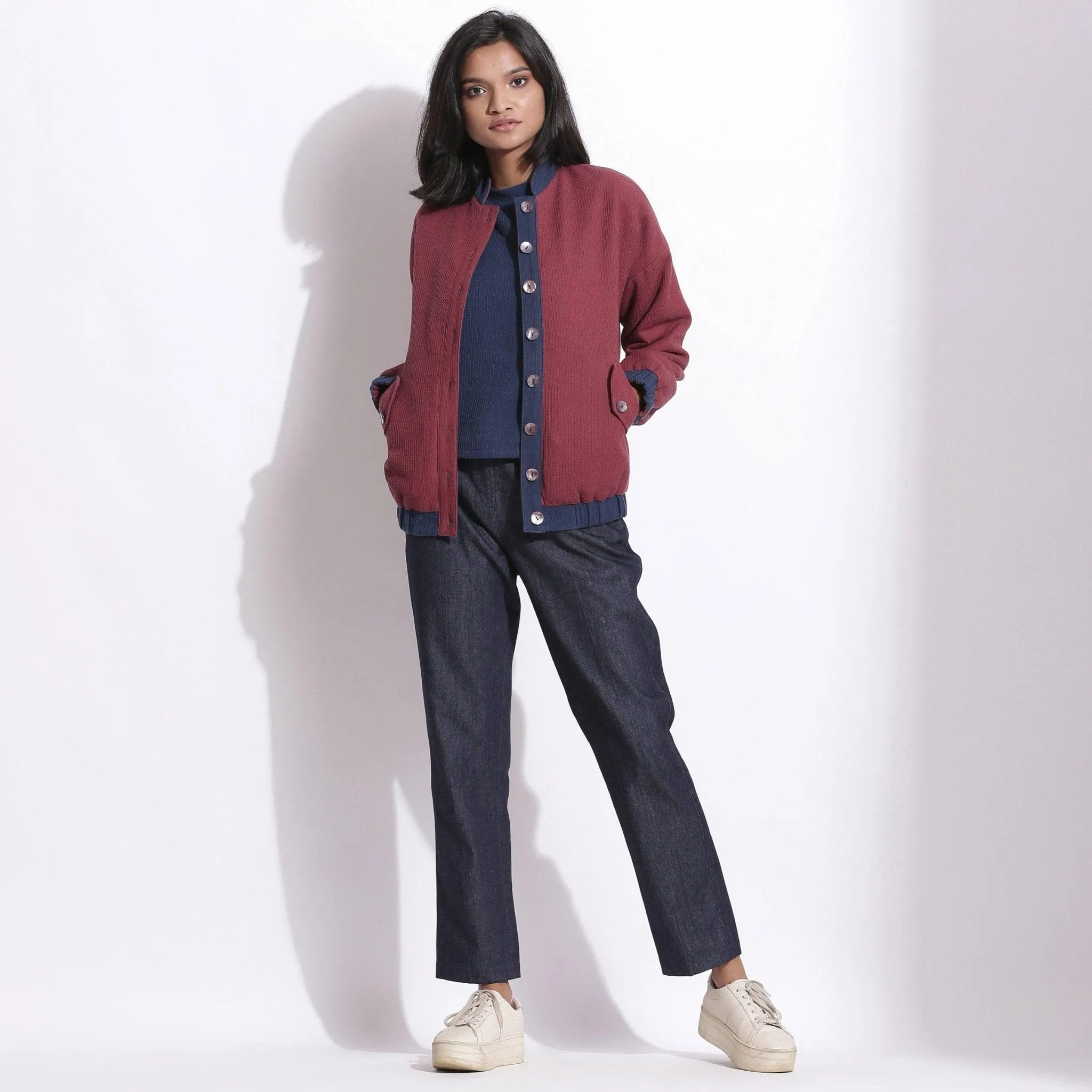 Reversible Blue Red Warm Cotton Waffle Bomber Jacket