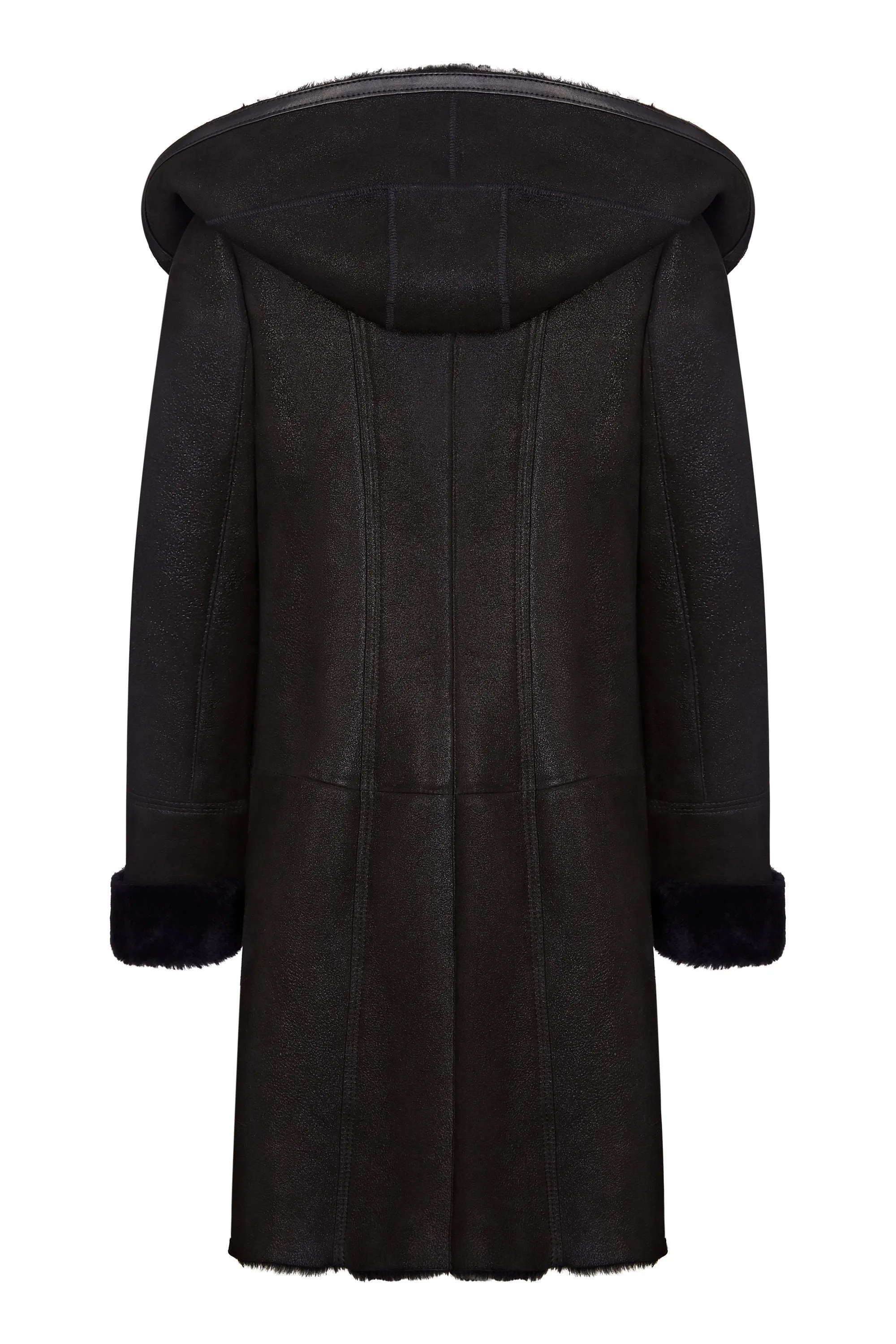 Shearling leather hooded coat in black