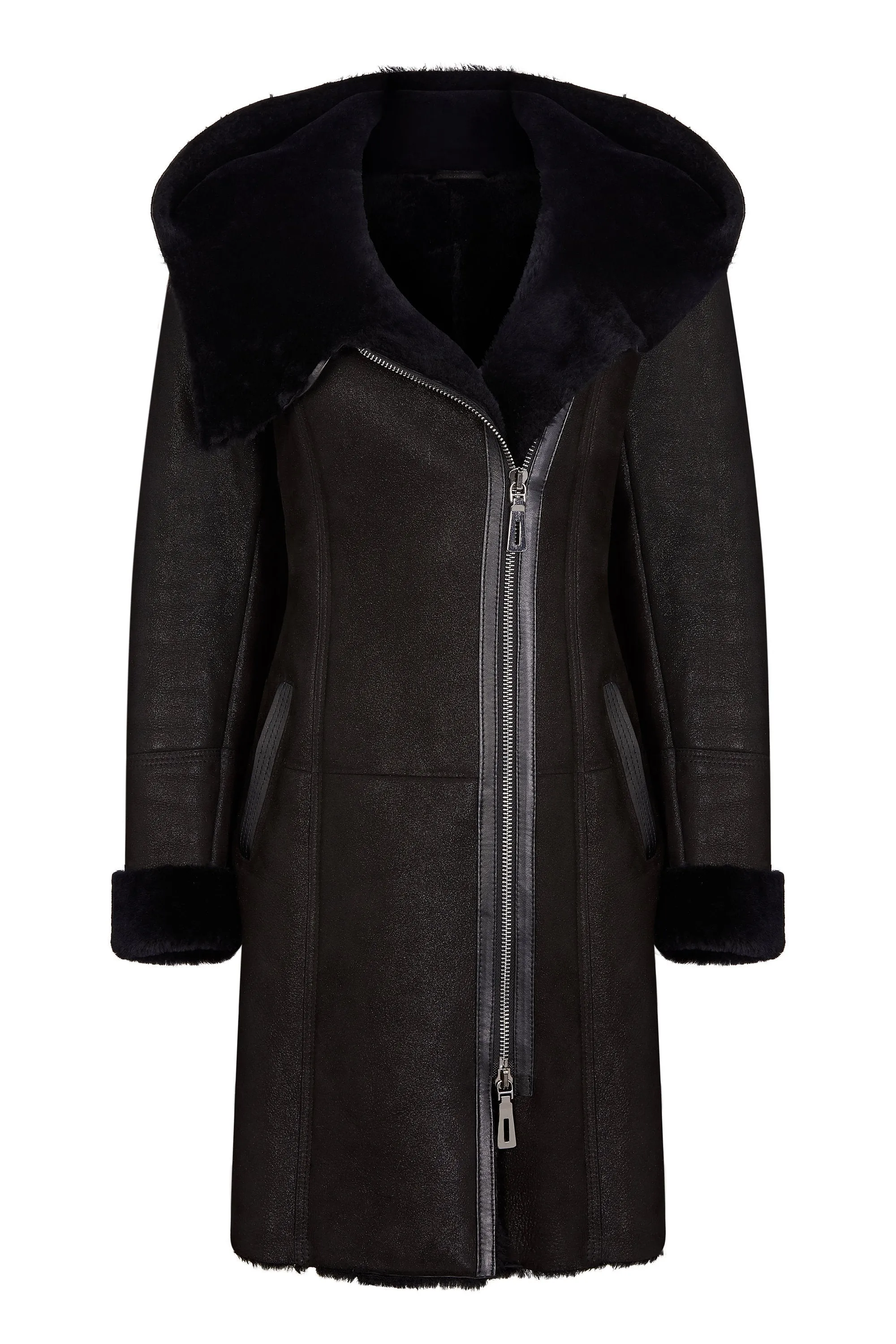 Shearling leather hooded coat in black