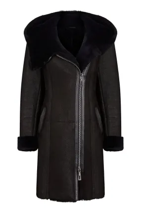 Shearling leather hooded coat in black