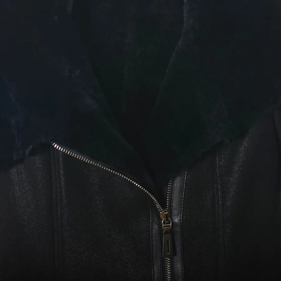 Shearling leather hooded coat in black